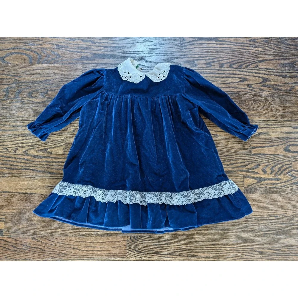 Girl's Vintage Blue Velour Velvet & Lace Made In USA Party Dress Size 4T